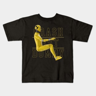 Crash Test Dummy Yellow Crash Test Man Facing Side Way With Yellow Text As Background Kids T-Shirt